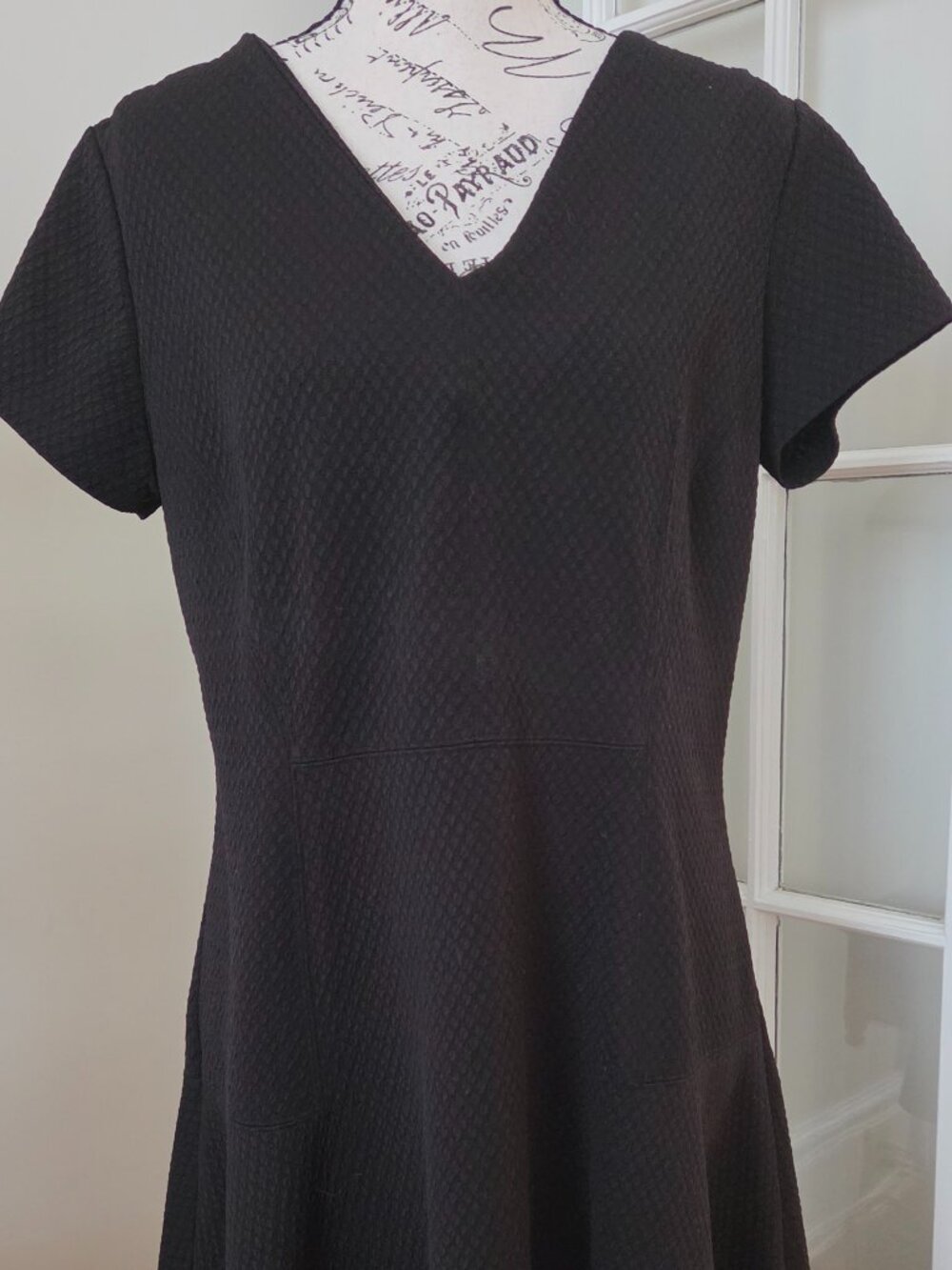 Cato Black Textured Fit & Flare Dress Size 14 V Neck Short Sleeve